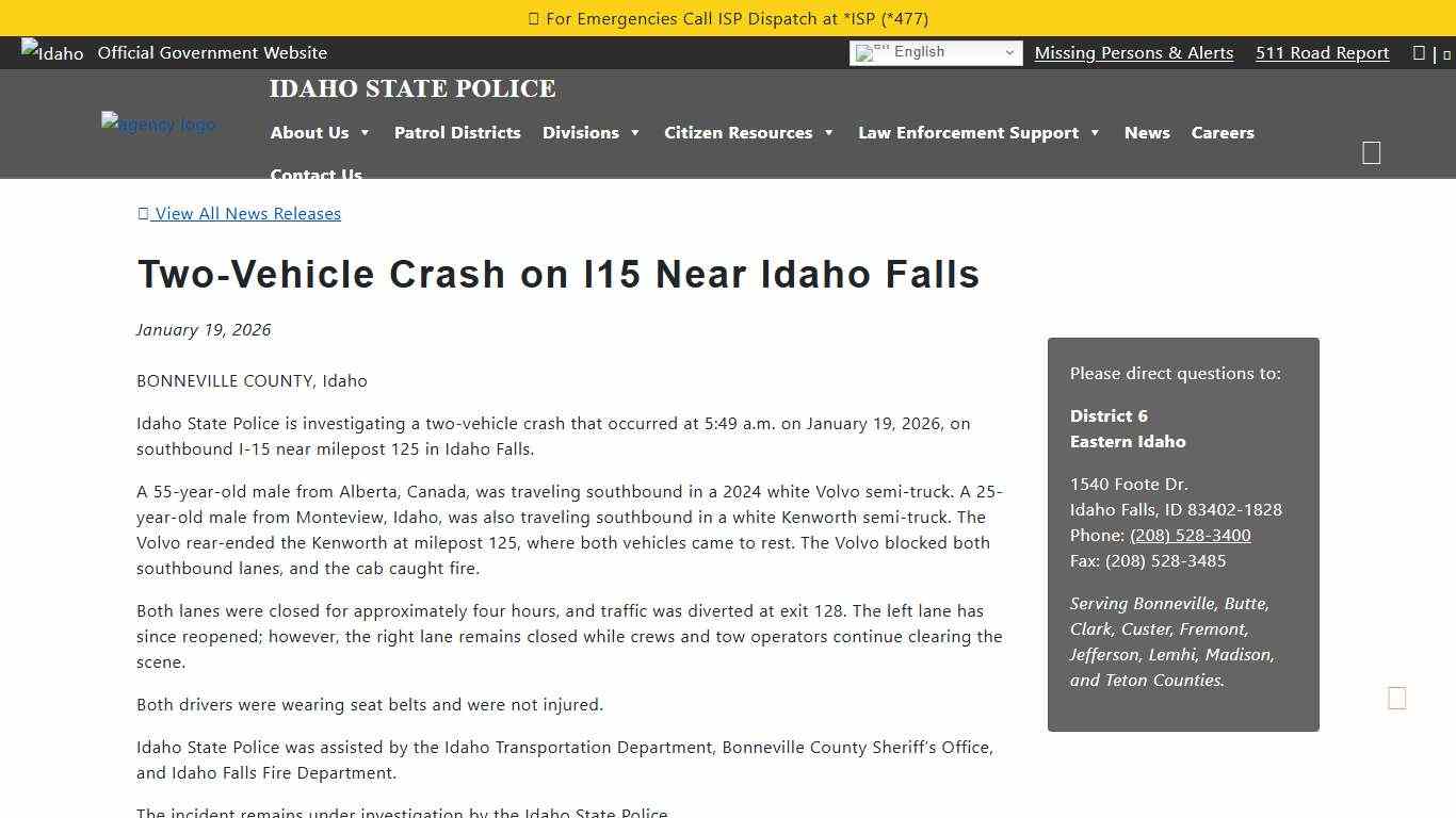 Two-Vehicle Crash on I15 Near Idaho Falls Idaho State Police